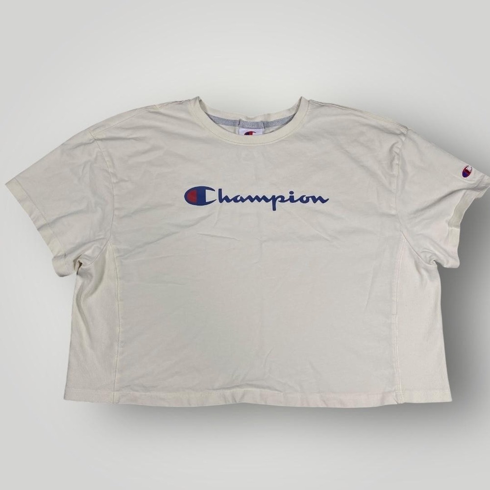 Champion Shirt Womens Large White Cropped Script Logo Boxy Short Sleeve C Patch - Picture 1 of 6